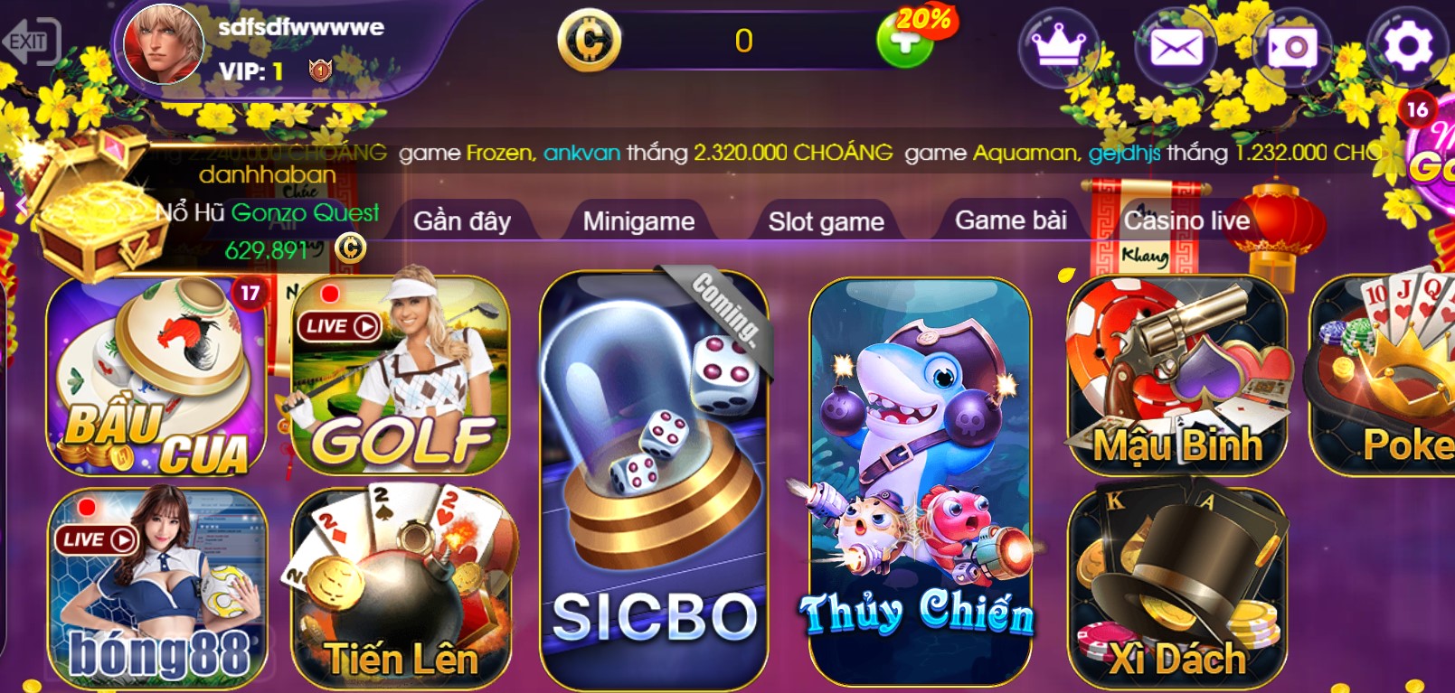 Giao diện game bài Choáng Club